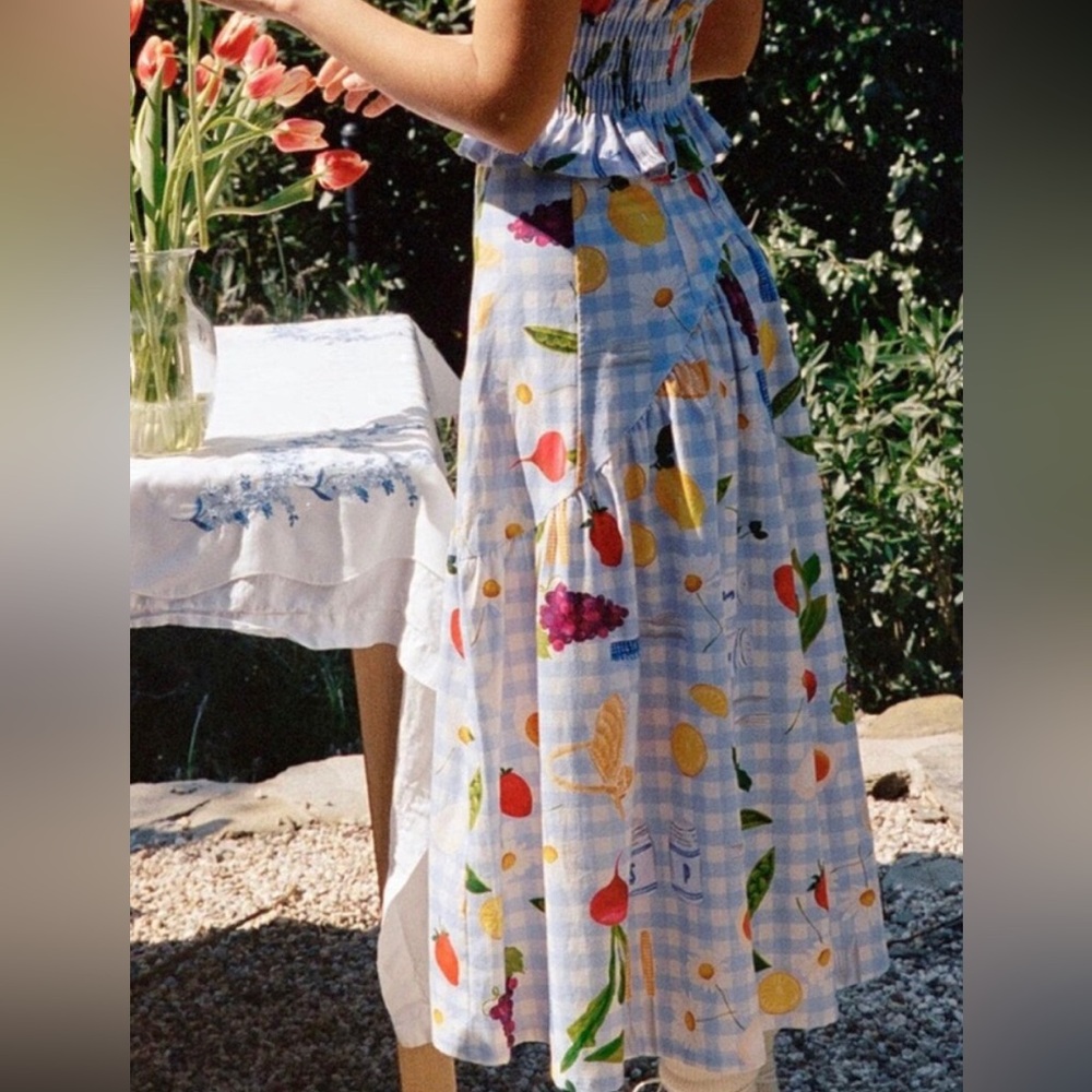 Lisa Says Gah Maeve Midi Skirt Picnic Alfresco Gingham Blue Size Medium NWT New